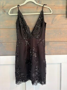 Superdown Revolve Black Sequin Deep V Mini Dress Homecoming Formal sz Small